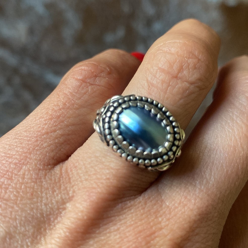 Elegant Silver and Blue Pearl Stone Ring